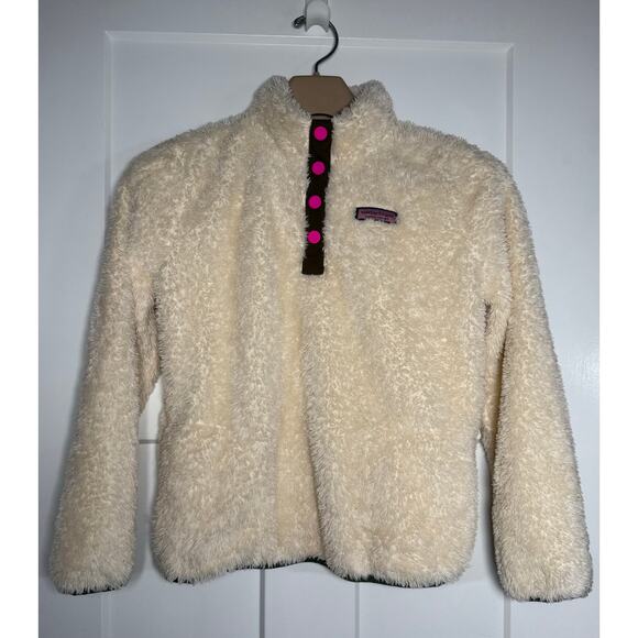 Vineyard Vines Teddy Fleece Snap Pullover Girls size L (14) Off White Pink Green - Picture 1 of 13